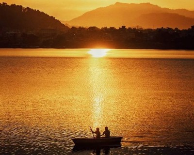 Beautiful Fewa lake with the mesmerizing sunset.